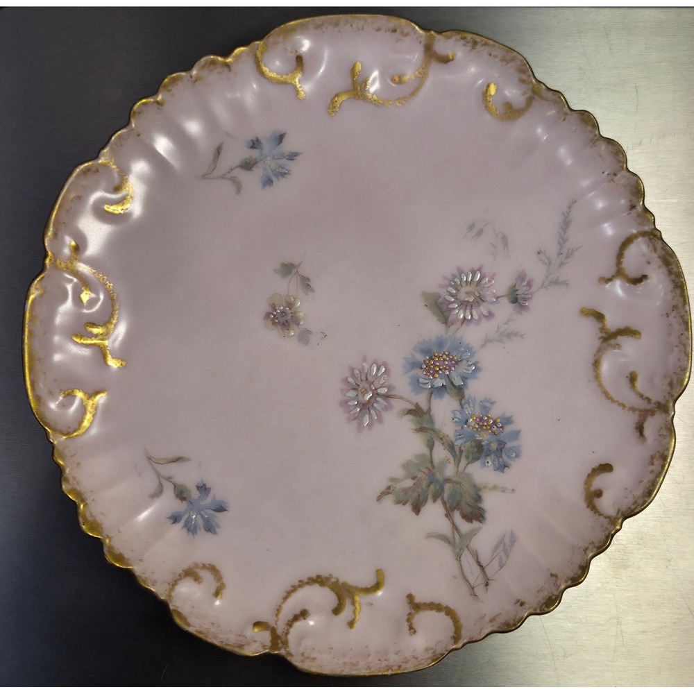Vintage Limoges AK/CD France Porcelain Floral Plate Pink Gold Gilt Scallope Edge